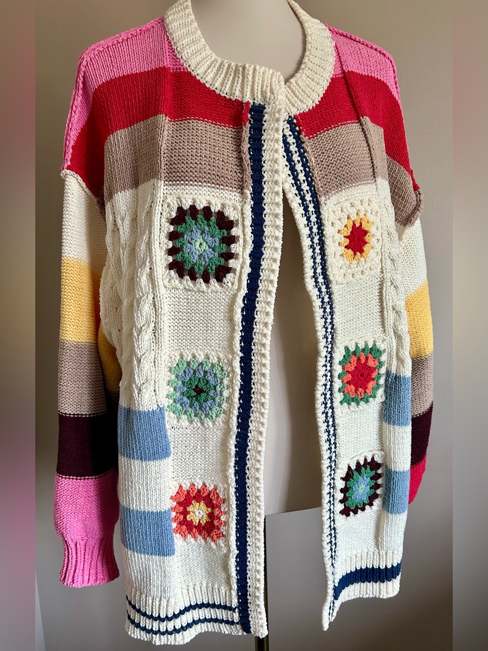 POL Striped, Multi-Coloured & Textured Knit Cardigan - Oversized. - Picture 3 of 11